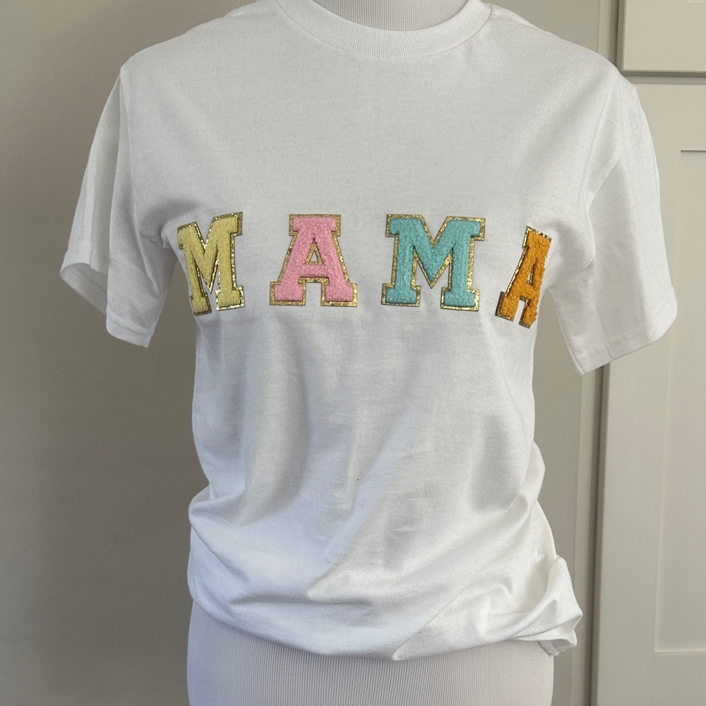 Gildan White Tee with Colorful 'MAMA' Letters